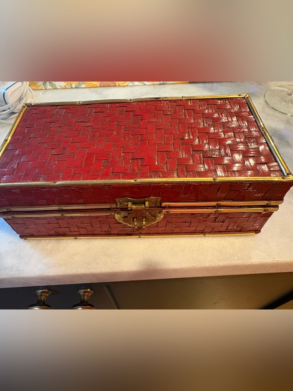 Vintage Red Woven Bamboo Decorative Jewelry Box with Brass Accents